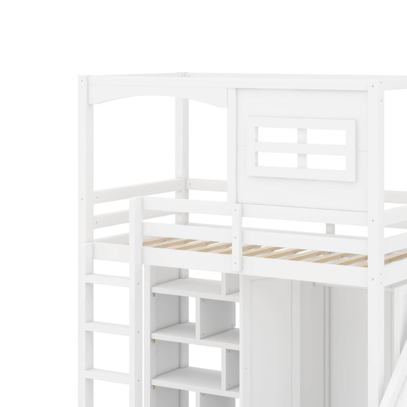 Twin Size Loft Bed With Wardrobe, Storage Shelves, Slide And LED