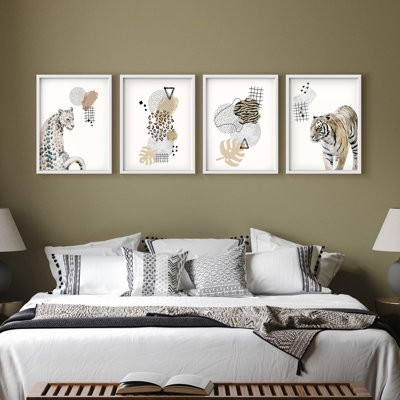 " Jungle Cheetah & Tiger & Geometry Nature Wilderness Illustrations Modern Decor " 4 - Pieces