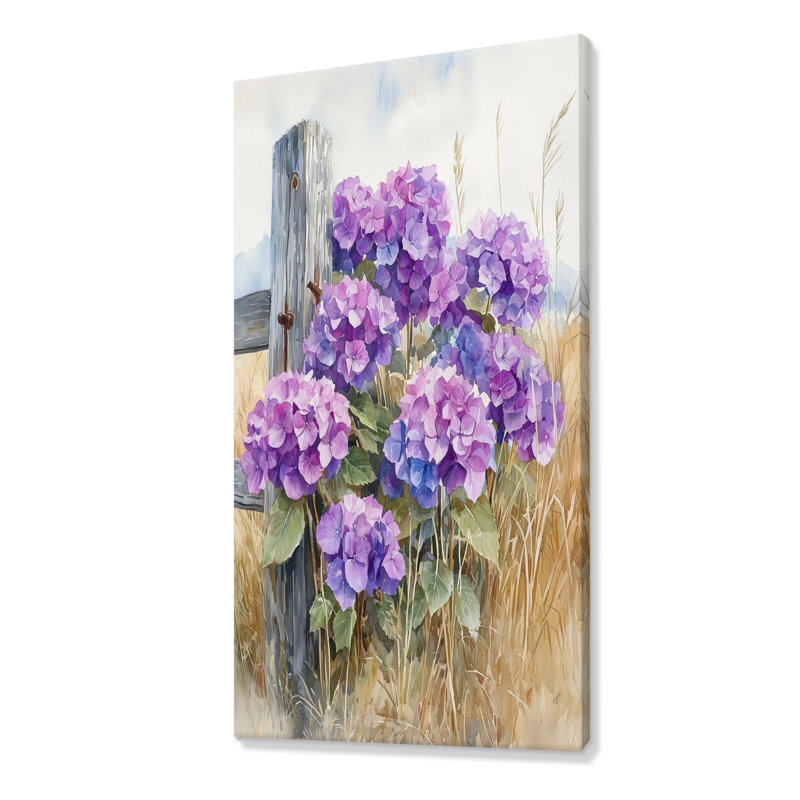 «Emily Hydrangeas At The Farm Fence I - Hydrangea», art mural, H 60 po x l 28 po, Toile tendue, Ne s’applique pas