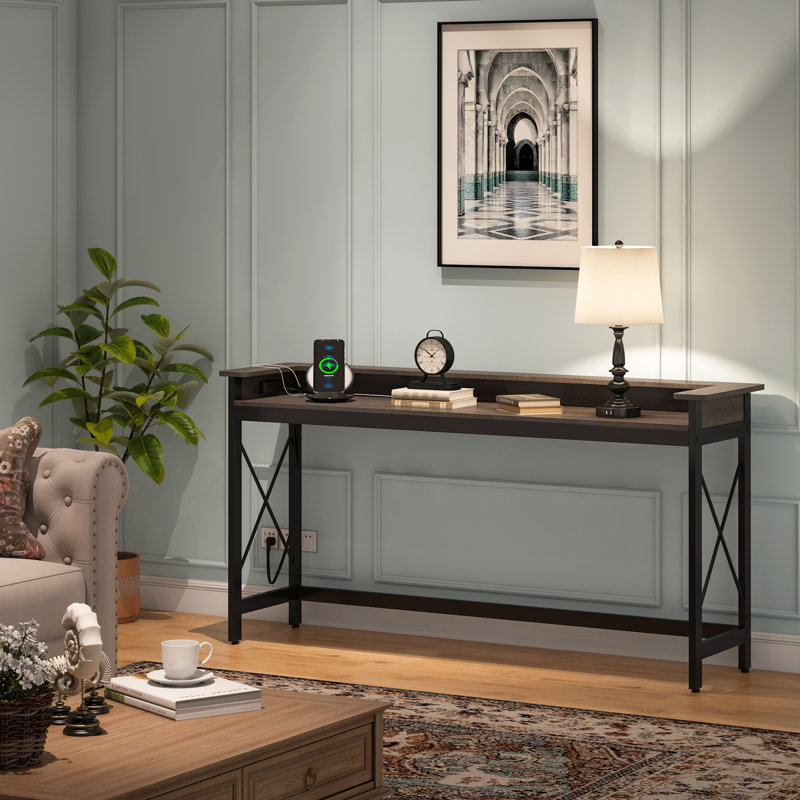 71" Console Table with Charging Ports, Gray/Black