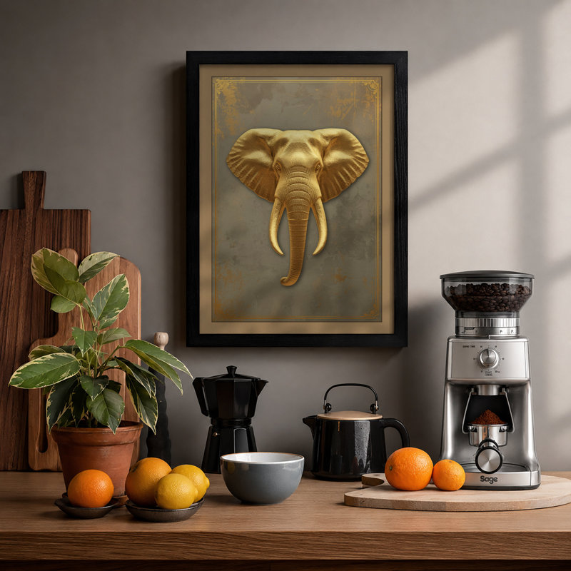 Golden Elephant Art Deco - Framed Print, A4 - 29.7 x 21.0 cm, Black
