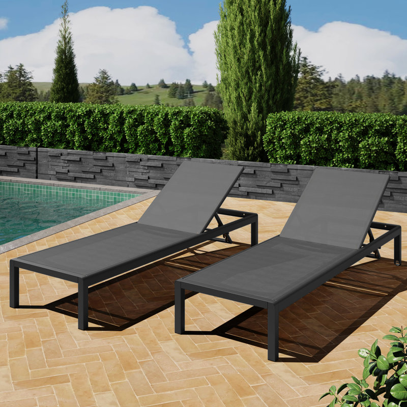 Chaise longue de piscine de 2 - dossier réglable, siège en filet, structure en aluminium avec roulettes, filet de piscine noir / gris confortable, structure stable, position