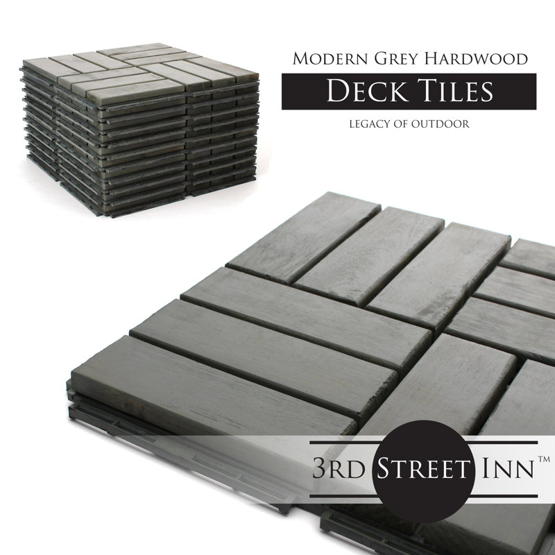 Gray Acacia Wood Interlocking Deck Tiles, 12" x 12" Set of 10