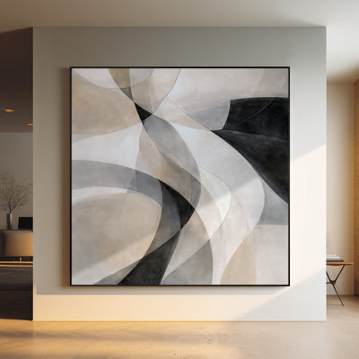 Extra Large Wall Art Fabric Print - Modern Abstract Interlocking Curves in Neutral Black Beige and Grey Tones for Living Room or Bedroom - "Frame Assembly Required (Unfinished Frame)"