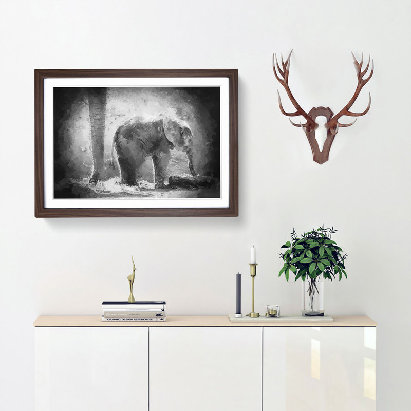 Mother and Baby Elephant Together in Abstract - Picture Frame Painting Print, Walnut Framed, 27cm H x 36cm W x 2cm D