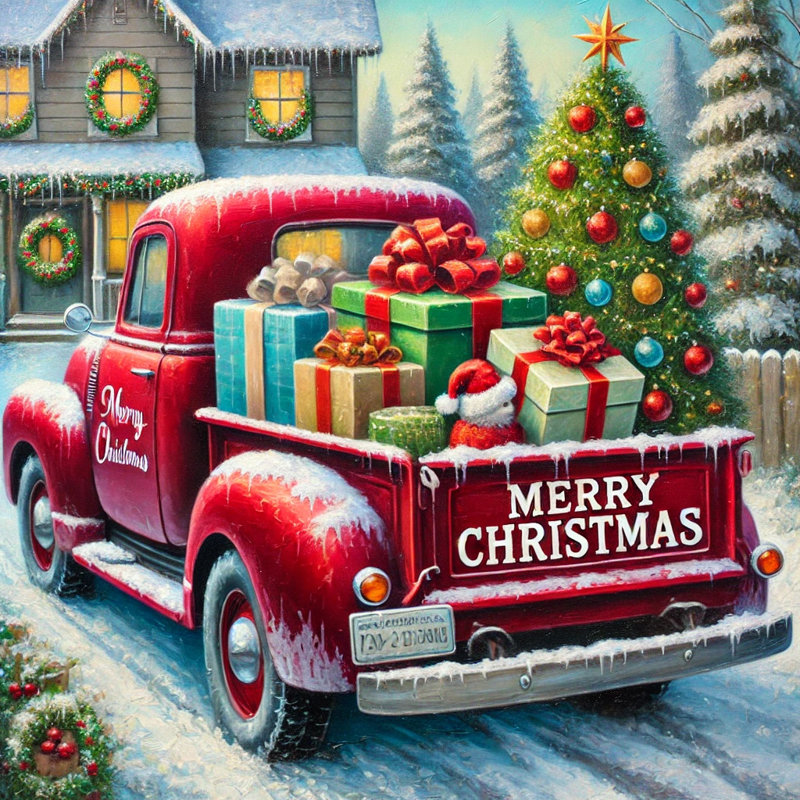 Yuletide Cheer: Camion rouge rétro avec cadeaux de Noël, art sur toile, H 20 po x l 20 po x P 1,5 po