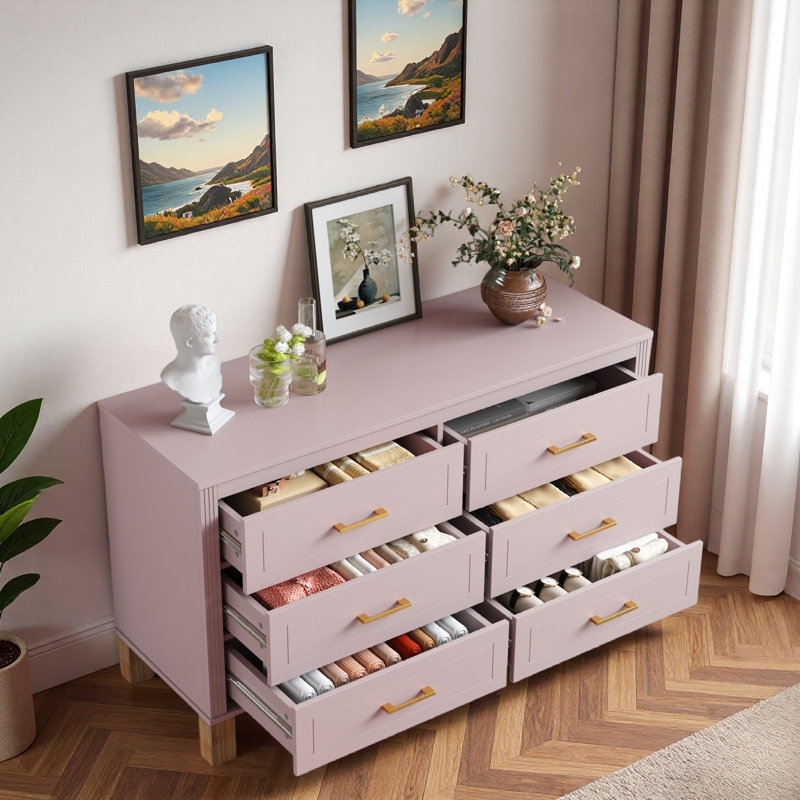 Commode 47,24 po avec 6 tiroirs, poignées en métal et pieds en bois, Rose