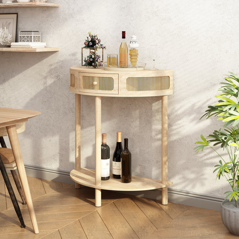 Console en bois massif de 31 po Cantina, table d'appoint en demi-lune en rotin authentique, Naturel