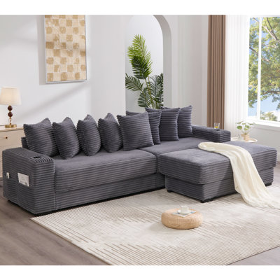 Nouveauté Velours côtelé de 113,62 po avec repose-pieds mobile, porte-gobelets doubles, 8 coussins, convertible en lit - gris foncé, nouvelle arrivée, repose-pieds réglable, poche latérale