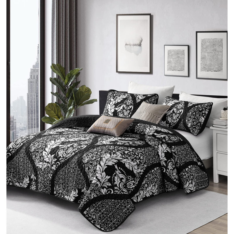 Ensemble de couvre-lit 3 pièces Boho, Noir, Courtepointe de grande taille et 1 taie d'oreiller