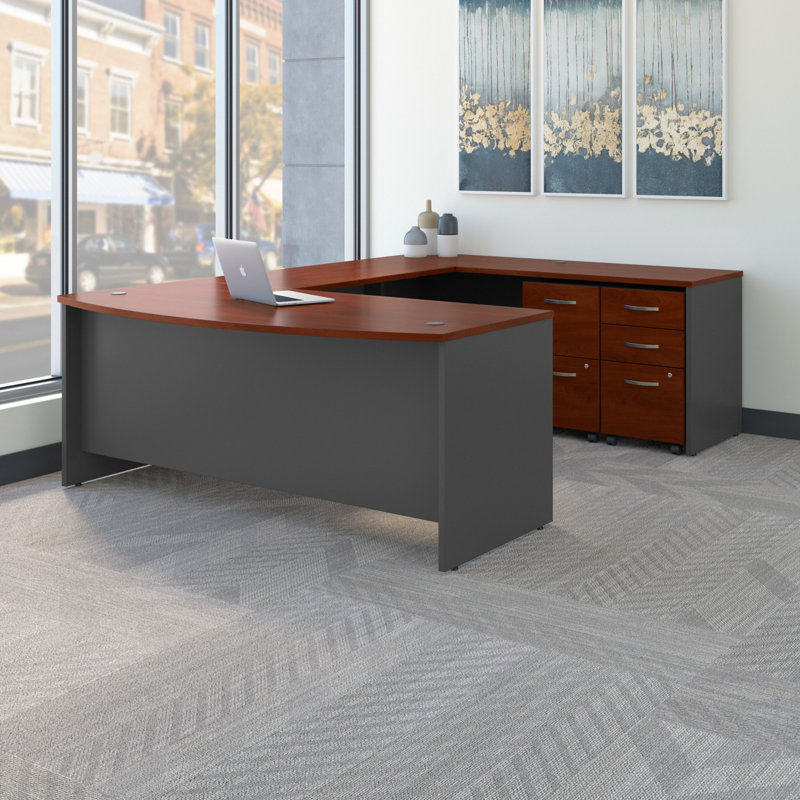 Series C 72W x 36D Bow Front U Shaped Desk with Mobile File Cabinets, Hansen Cherry