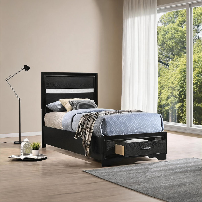 Solid Wood Storage Panel Bed, Twin Size for Bedroom, Deep Black Finished With Built-In Footboard Storage