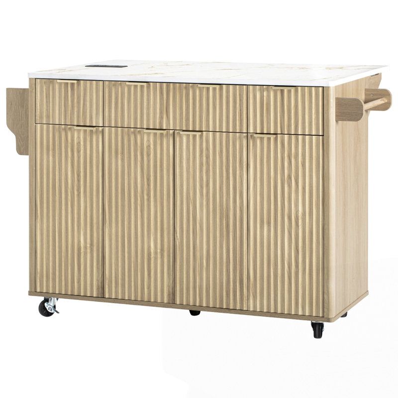 55.5" Fluted Kitchen Island with Storage, Natural