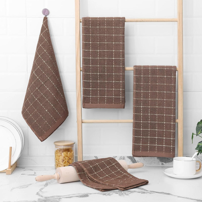 Linges à vaisselle 100% coton éponge à carreaux, doux et super absorbants, paquet de 4, Brun
