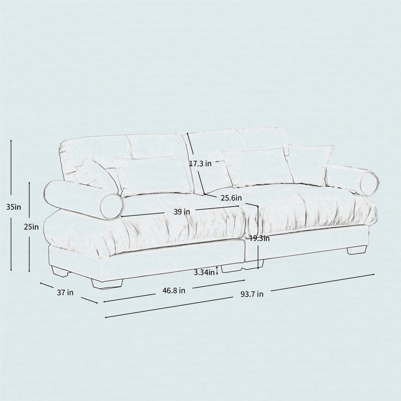 Modern Two-Seater Sofa With Bolstered Armrests, Velvet 2-Seater Sofa With Waist Pillows And Throw Pillows, Blue