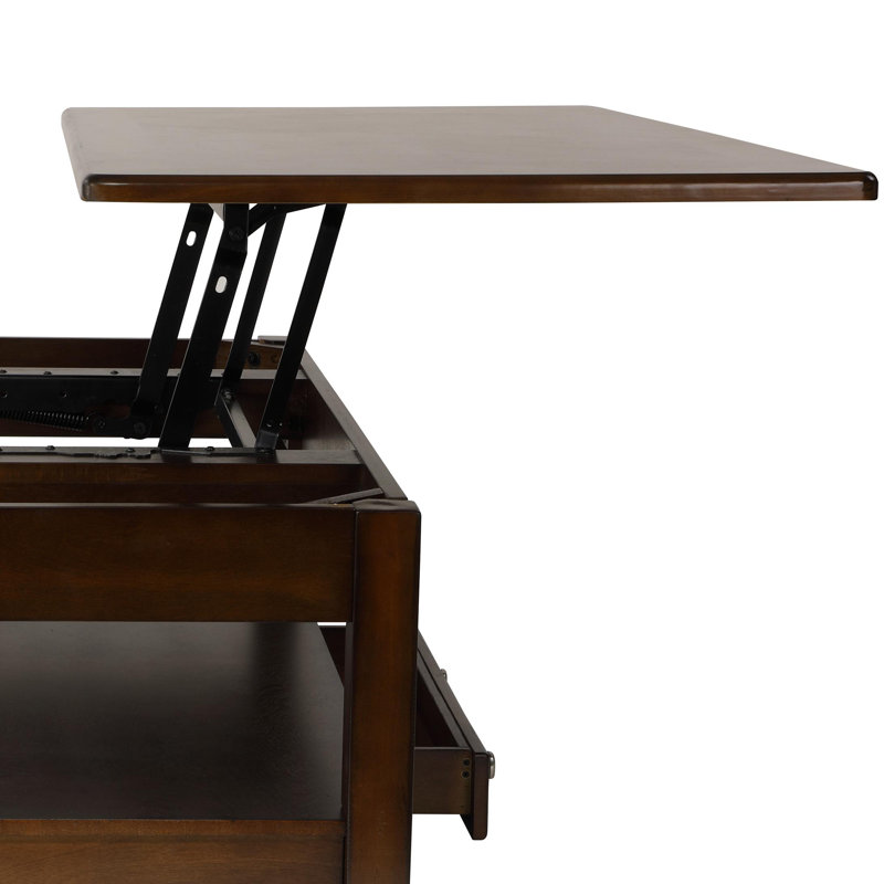 48" Rectangular Lift-Top Coffee Table Dark Cherry Finish with Hidden Storage, Drawer & Open Shelf