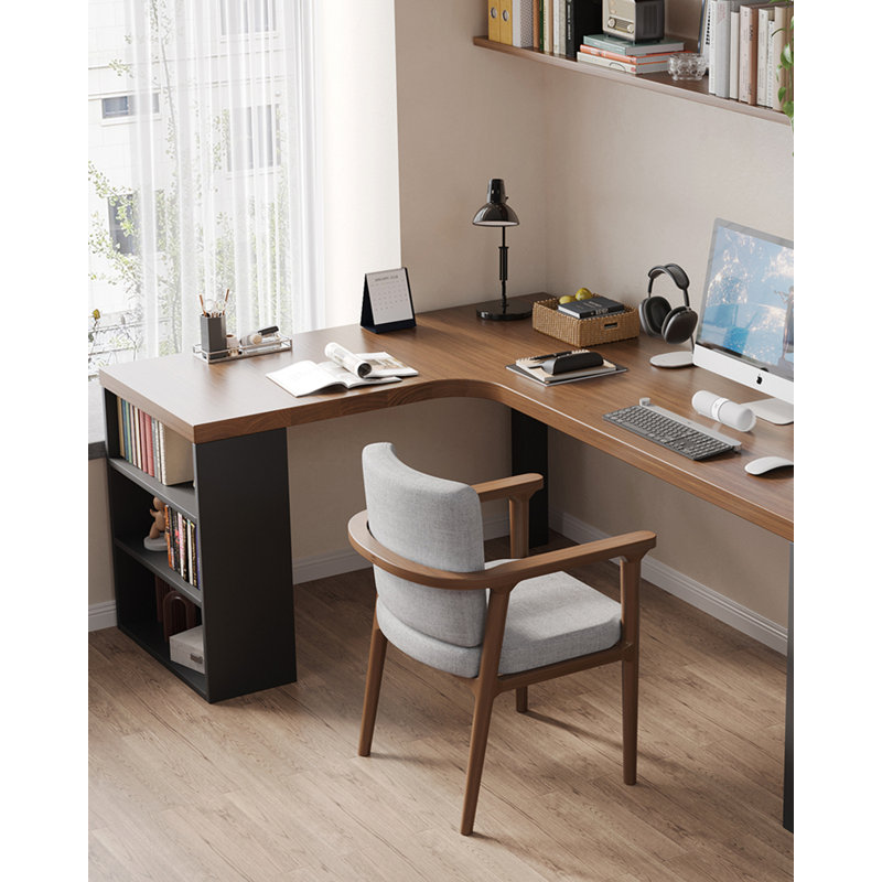 Bureau en L en bois massif avec bibliothèque, H 29,53 po x l 62,99 po x P 47,24 po
