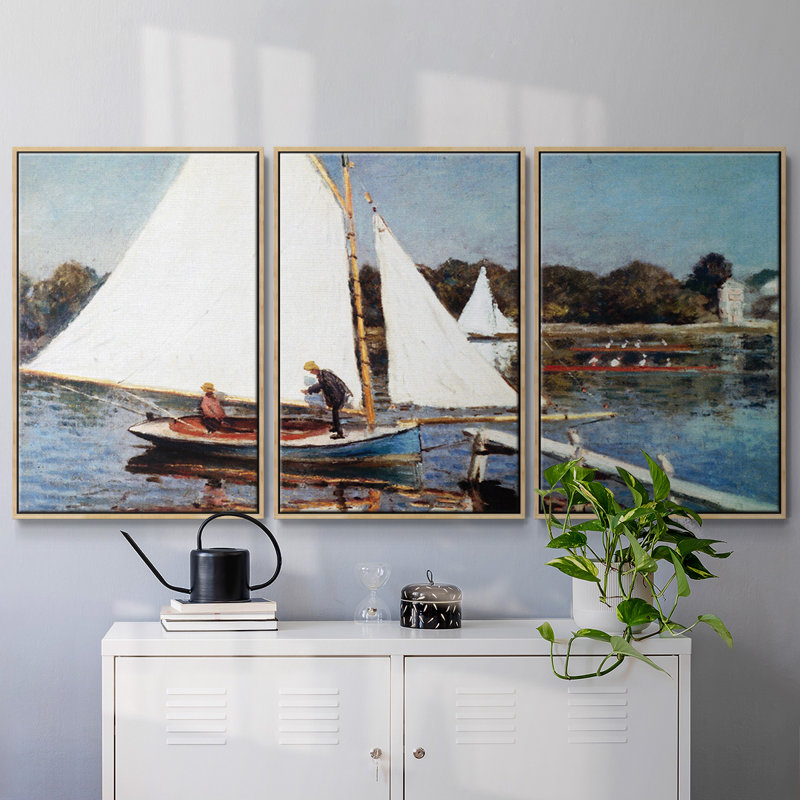 Ensemble de 3 pièces encadrées sur toile Monet, Encadré naturel, H 24 po x l 48 po x P 2 po