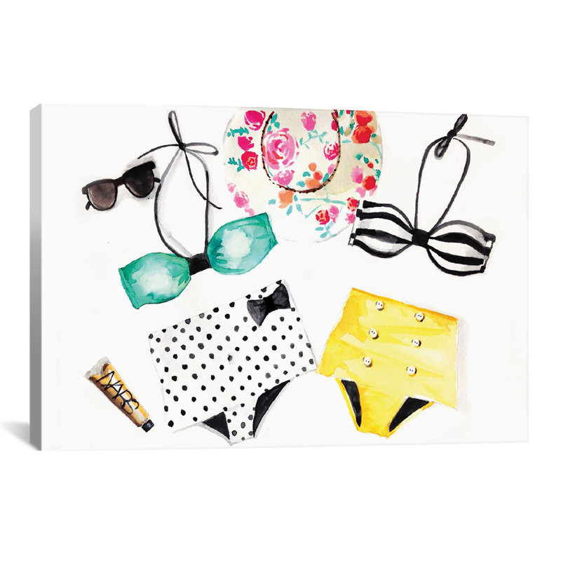 Summer Bikinis, peinture sur toile tendue, Papier beaux-arts encadré noir, Blanc, H 24 po x l 32 po x P 1 po