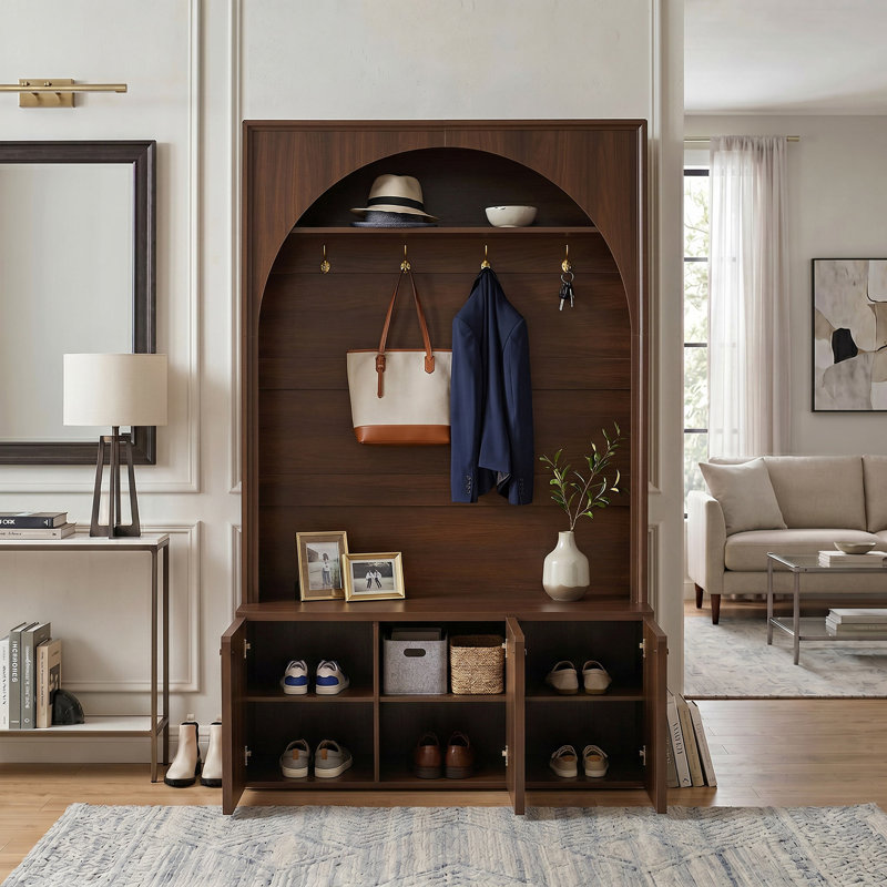 Farmhouse Hall Tree Fits Mudroom Living Room Use with Arched Design, Adjustable Shelves & 4 Hooks, Walnut