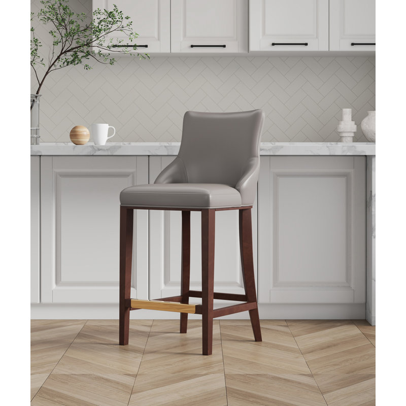Tabouret de bar en cuir de hêtre Shubert, Tabouret de bar (siège d'une hauteur de 29,13 po), Gris foncé