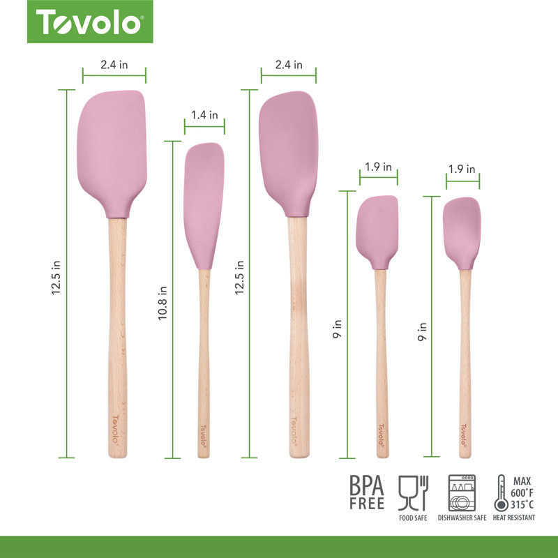 Tovolo Flex-Core Silicone Spatula Set of 5 with Natural Wood Handles for Cooking and Baking, Pink Sorbet