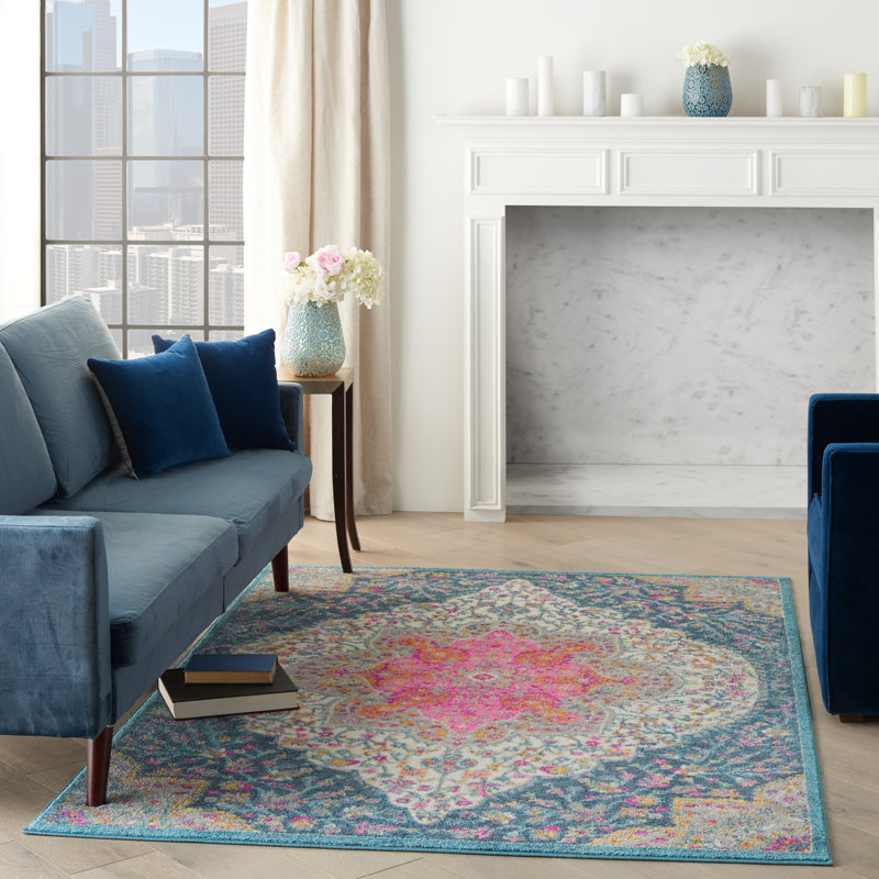 Tapis oriental bleu / rose Verda, Rectangle 3 pi 9 po x 5 pi 9 po