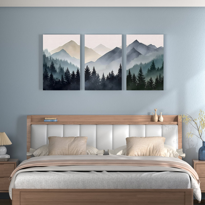 Foggy Mountain Forest, reproduction d'art sur toile tendue sur toile (ensemble de 3), H 18 po x l 36 po