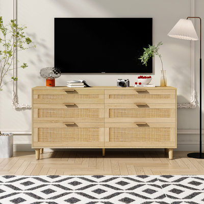 Commode 59 po en rotin avec tiroirs, commode 6 tiroirs pour chambre à coucher, armoire de rangement pour vêtements pour chambre à coucher, poignée en métal et pieds en bois pour couloir, salon, chambre à coucher, naturel (même SKU: W757P209511)