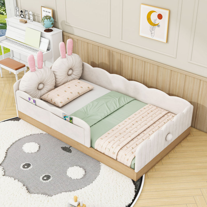 Lit plateforme simple tapissier avec coussins, Beige