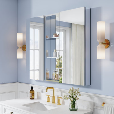 44''W X 36''H Recessed or Surface Wall Mounted Aluminum Mirror Medicine Cabinet With Open Shelf Storage Set