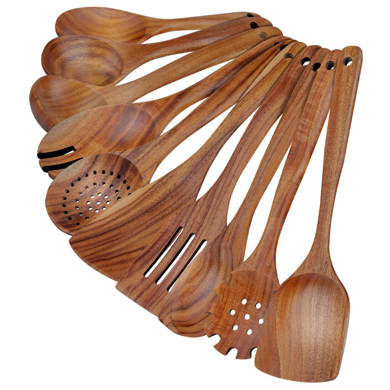 Ensemble d'ustensiles en bois de teck 10 pièces pour la cuisine - Outils de cuisine résistants à la chaleur avec spatule, louche et cuillères - Coffre-fort pour casseroles antiadhésives et batterie de cuisine sans égratignures