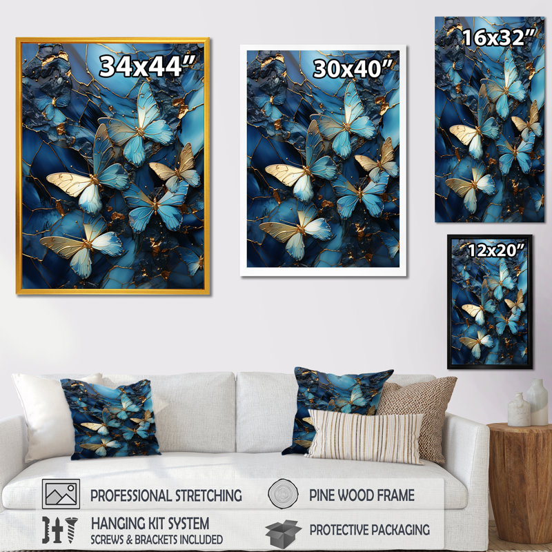 «Blue Crystal Butterflies», reproduction d'art murale abstraite, H 32 po x l 16 po x P 1 po, Cadre flottant doré