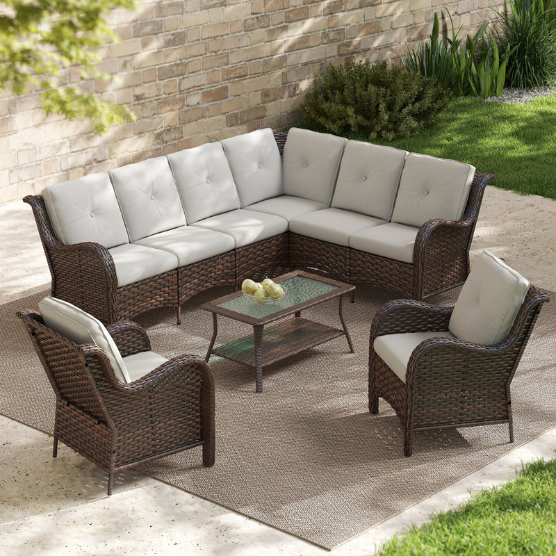 8-Person 97-inch Outdoor Wicker L-Shaped Patio Sectional with Cushions
