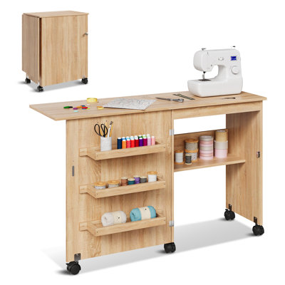  Table de couture pliante avec roulettes, station de bricolage polyvalente 47 pouces avec tablettes de rangement, bureau de travail compact pour bureau à domicile et studio, brun rustique