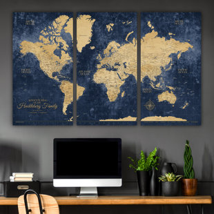 Carte du monde à punaise bleu marine - 3 panneaux