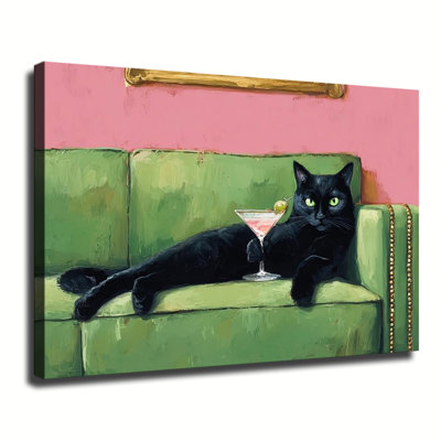 Drôle de chat noir tenant un cocktail sur un canapé vert, peinture à l'huile sur toile tendue avec grande galerie pour le salon, la chambre à coucher