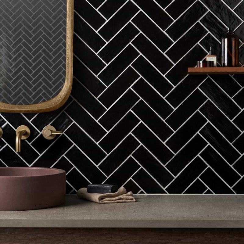 Montauk 2x8 Mixed Finish Ceramic Tile, Jet Black