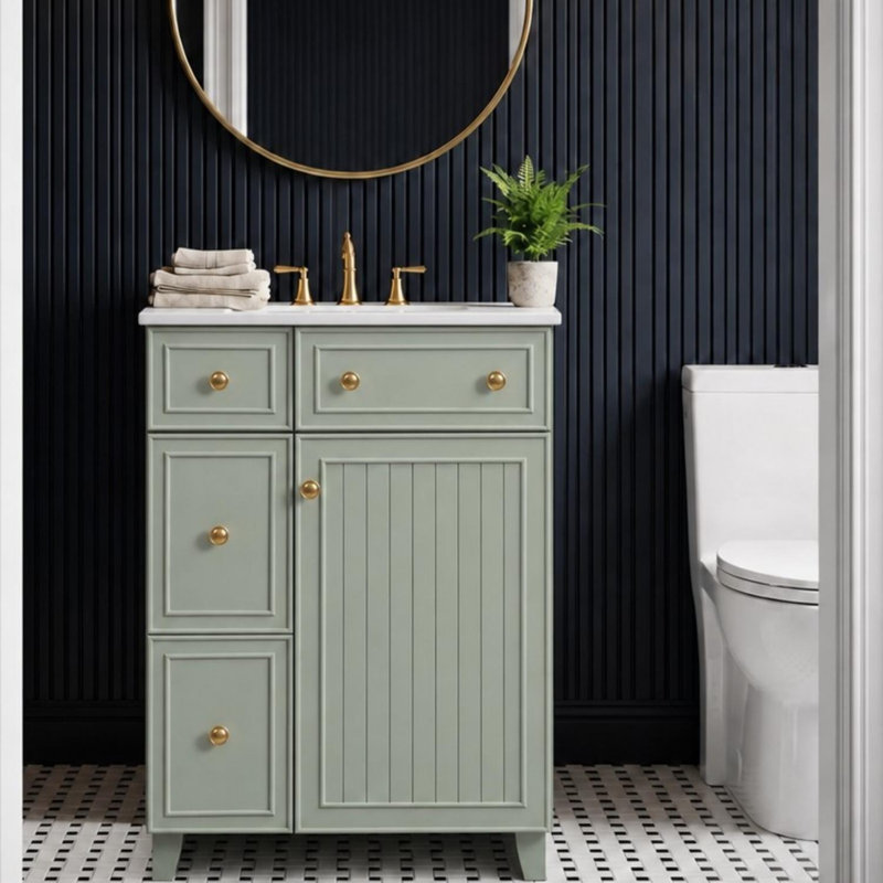 Meuble-lavabo compact autoportant avec lavabo en céramique et 2 tiroirs, Vert sauge