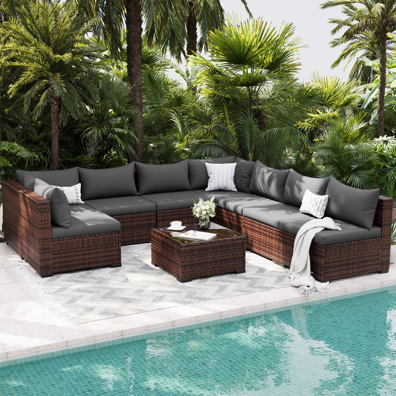 Ensemble de conversation modulaire en rotin PE 9 pièces pour l'extérieur, grand ensemble de meubles de patio avec structure en acier antirouille, canapé modulaire d'extérieur avec table basse pour terrasse