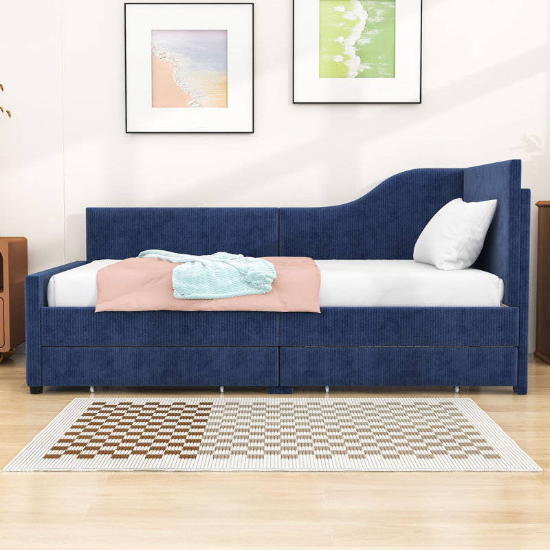 Twin Corduroy Upholstered Daybed with Built-in Storage Drawers, Blue