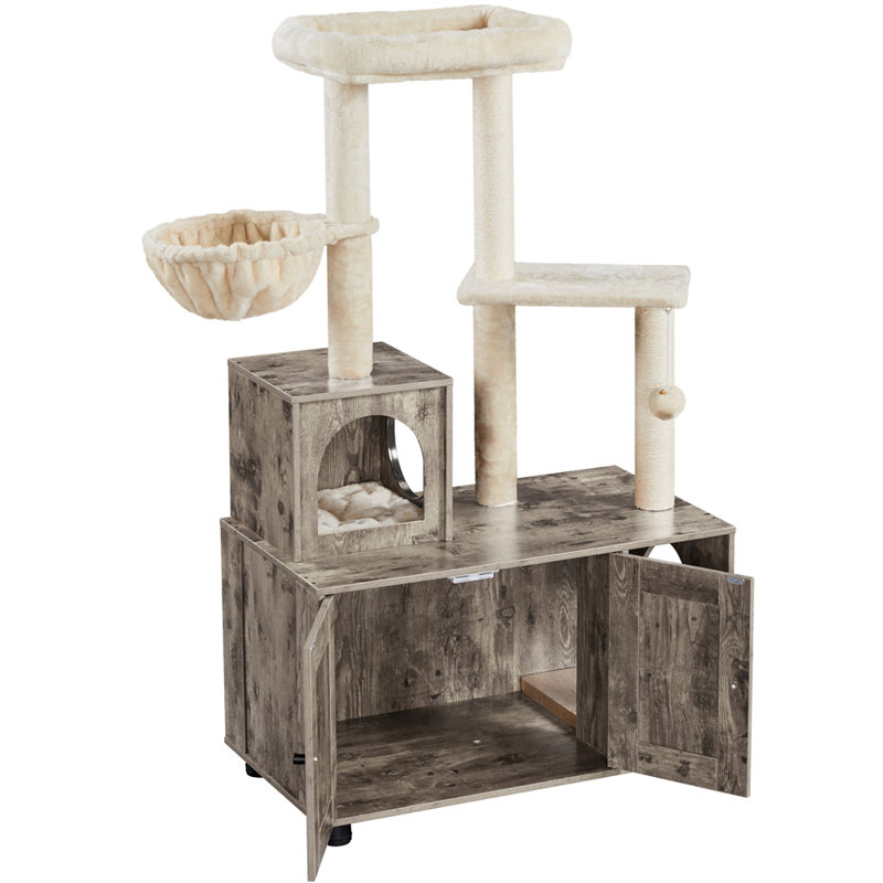 Rustic Brown Cat Tree Tower with Litter Box Enclosure
