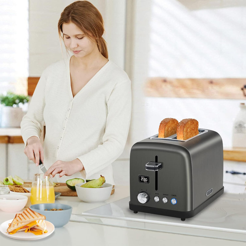 Seedeem Toaster 2 Slice, Lcd Display, 7 Shade Settings, 1.4'' Wide Slots, Stainless Steel Digital Toaster For Bagel, Defrost, Reheat, Removable Crumb Tray, 900w, Dark Metallic