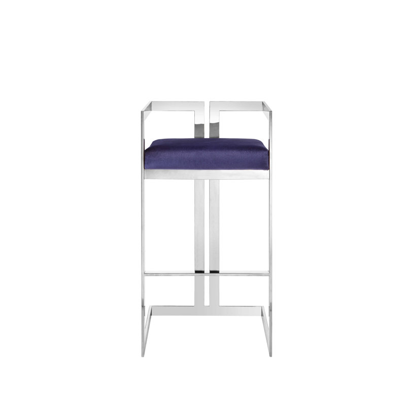 Tabouret de bar moderne Pangea Home, Tabouret de bar (siège d'une hauteur de 29,5 po), Velours marine, Argent argent