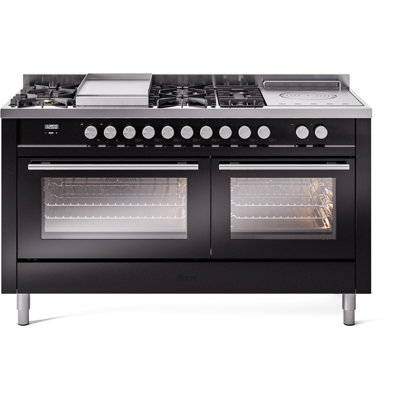 ILVE Professional Plus II 60 Inch Dual Fuel Range, 7 Sealed Burners, Griddle, French Top (Glass Door)
