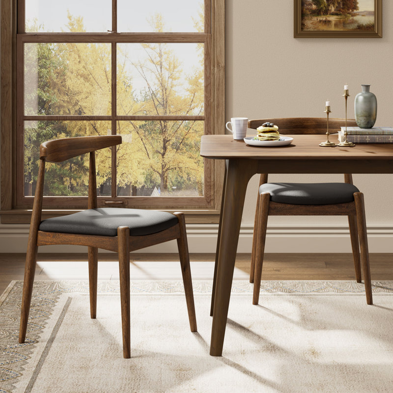 Mid-Century Modern Rubberwood Dining Chairs with Faux Leather Upholstery, Black Cushion/Walnut Frame