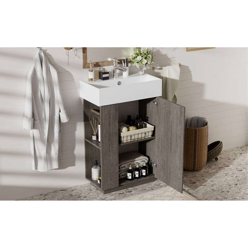 Meuble-lavabo moderne de 55 cm (21,6 po), lavabo en céramique, autoportant, gris foncé, imitation bois, portes à fermeture amortie, porte-papier hygiénique, rangement latéral, étagères fixes, rangement intelligent autoportant pour petites salles de bain.