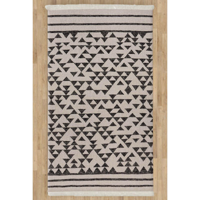 Tapis géométrique rectangulaire noir / ivoire en polypropylène Kilim