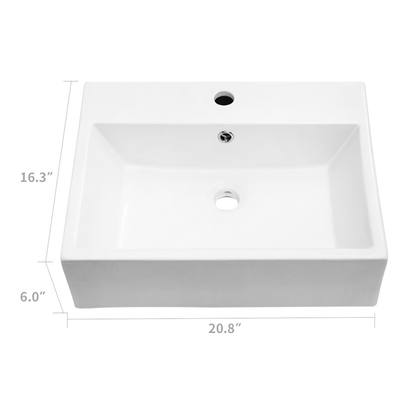 White Ceramic Rectangular Wall Mounted Bathroom Sink - 21"X16". European Inspired Design With Faucet Hole And Overflow. Arc Beautiful. Elegant Kind. Quality. Low Water Absorption. Acid Stain