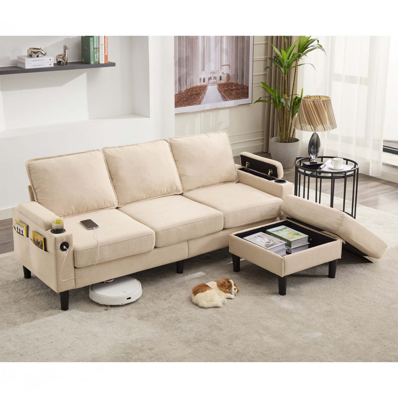 Canapé modulaire en L avec repose-pieds, Tissu beige